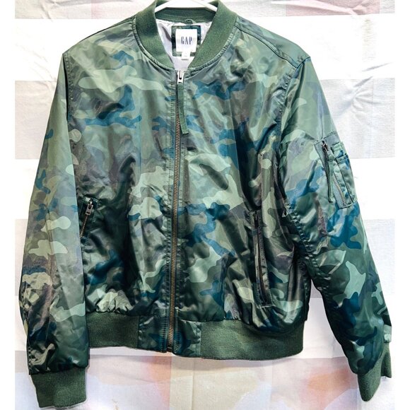 Gap Mens Camouflage Bomber Jacket Medium Polyester & Acrylic Zip Pockets Lined - Picture 1 of 4